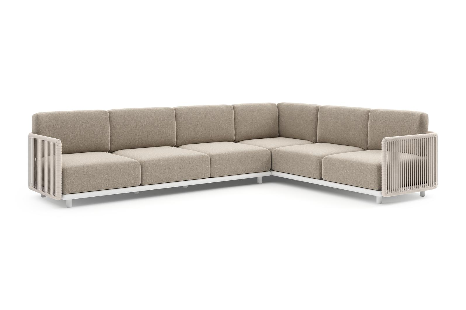 Organo loungehoek in wit aluminium en beige verticaal geweven luxe vlakke rope met chartres pewter all weather sunbrella® luxe kussens