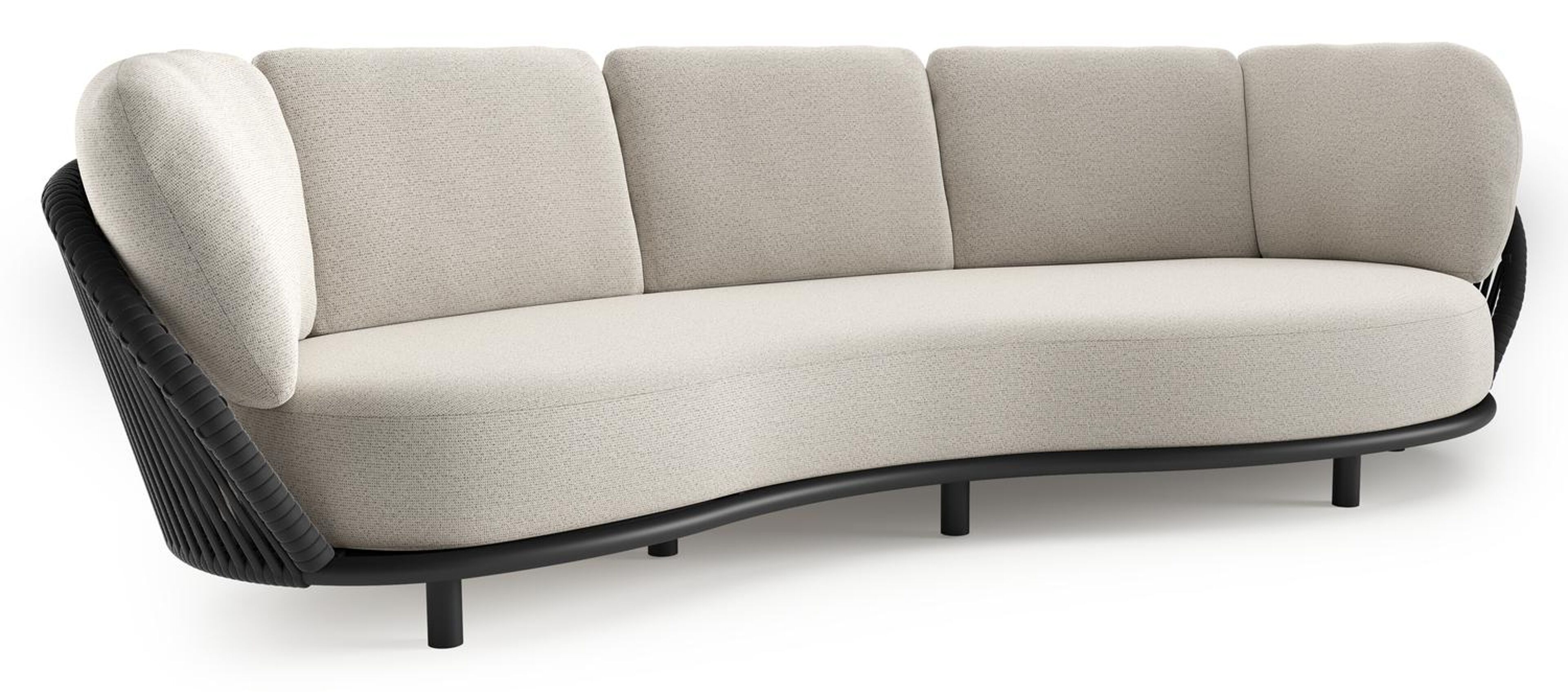 Lupino loungebank in zwart aluminium en zwart verticaal geweven luxe vlakke brede rope met firenze natural all weather solica kussen