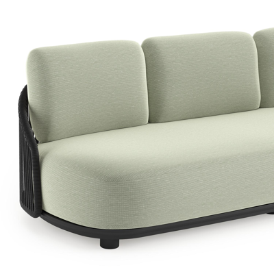 Vadelo loungebank in zwart aluminium en zwart verticaal geweven ronde rope met slow spirea all weather sunbrella® luxe kussen