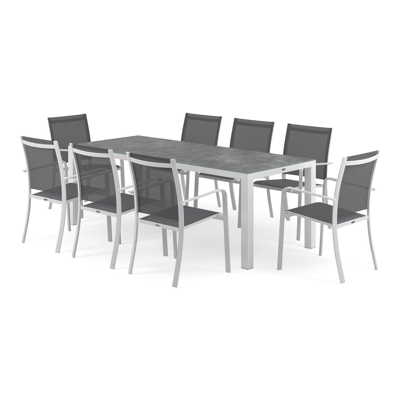 Varese tuinset in wit aluminium en grijs keramisch glas tafelblad met 8 stapelbare Calobra tuinstoelen