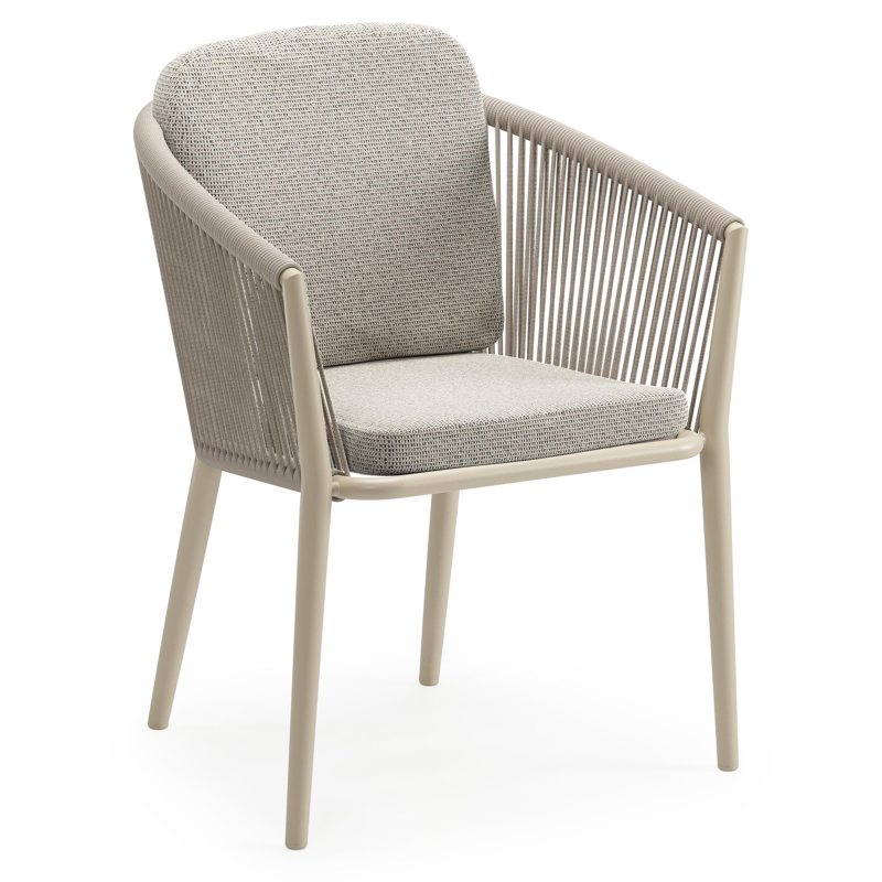 Orso tuinstoel in beige aluminium en beige verticaal geweven ronde rope met luxe zitkussen in All Weather Solica Firenze Sand