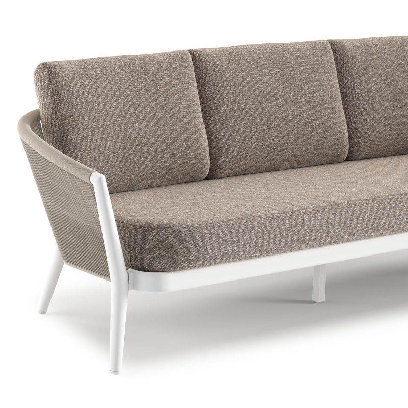 Canapé de jardin Orso en aluminium blanc en corde ronde tissée verticalement beige et coussins en all weather sunbrella® luxe Wander Manioc