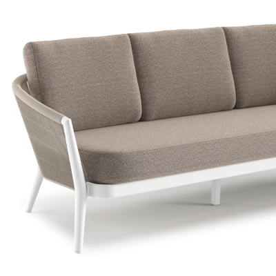 Canapé de jardin Orso en aluminium blanc en corde ronde tissée verticalement beige et coussins en all weather sunbrella® luxe Wander Manioc