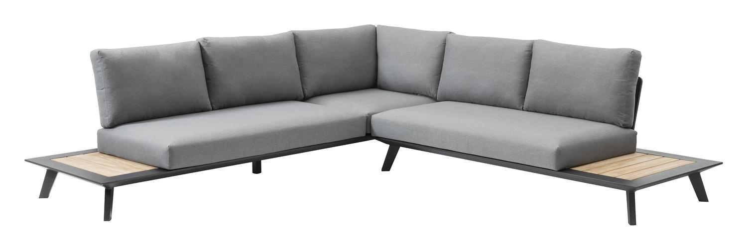 Puglia loungehoek in zwart aluminium en teak met grijs weather+ softtouch kussens