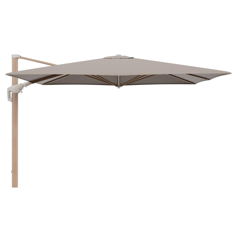 Minore zweefparasol met tiltfunctie in houtlook aluminium en Firenze Earth All Weather Solica parasoldoek - L1 280 x L2 370 cm (zonder voet)