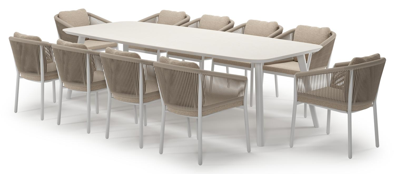 Mosa tuinset in wit aluminium en crema minerale sintered stone met 10 Gerona tuinstoelen