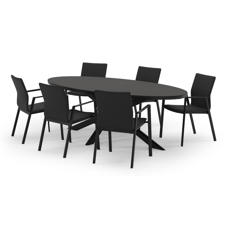 Pamplona ovale tuinset in zwart aluminium en sintered stone notte minerale met 6 Madura tuinstoelen
