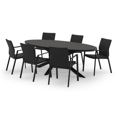 Pamplona ovale tuinset in zwart aluminium en sintered stone notte minerale met 6 Madura tuinstoelen