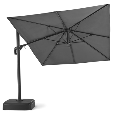 Minore zweefparasol met tiltfunctie in zwart aluminium met grijs polyester parasoldoek - L1: 300 x L2: 400 cm (met voet)