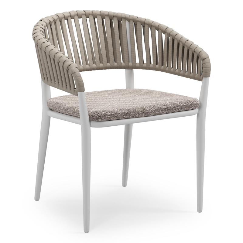 Tolfa stapelbare tuinstoel in wit aluminium en beige verticaal geweven luxe vlakke brede rope met stoelkussen in All Weather Sunbrella® Luxe Wander Granite