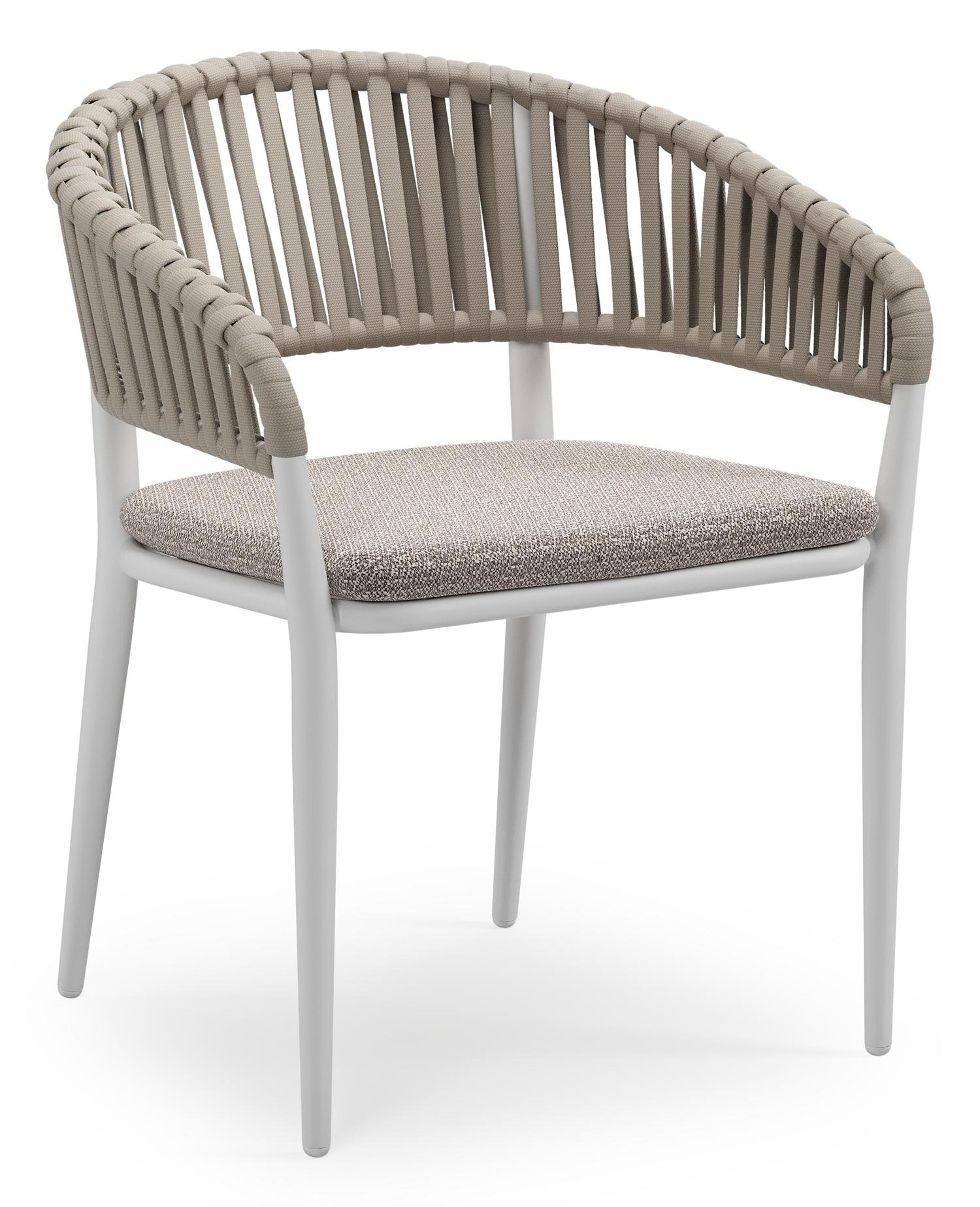 Tolfa stapelbare tuinstoel in wit aluminium en beige verticaal geweven luxe vlakke brede rope met stoelkussen in All Weather Sunbrella® Luxe Wander Granite