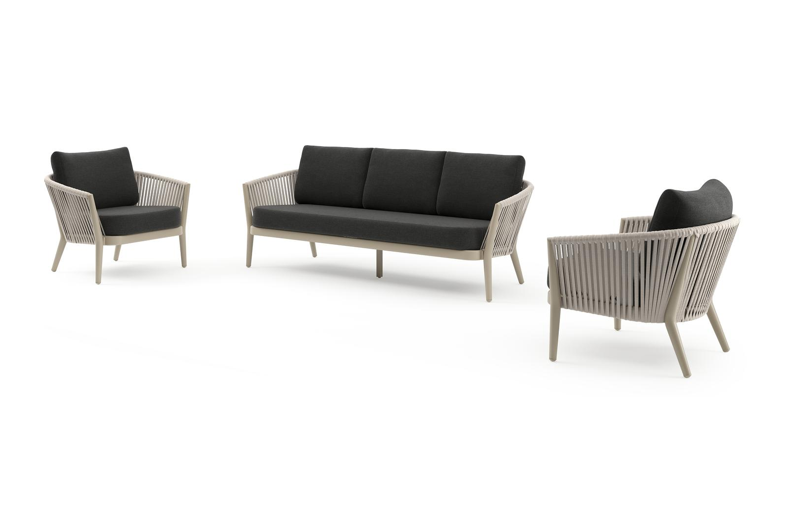 Salon de jardin Orso en aluminium beige en corde luxe plate tissée verticalement beige et coussins en all weather sunbrella® luxe Chartres Sooty