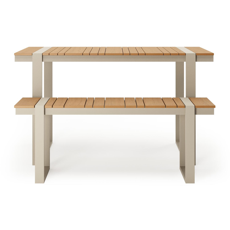 Table basse et banc Merida en beige aluminium et polywood - Lg. 123 x Lrg. 70 x Haut. 70 cm