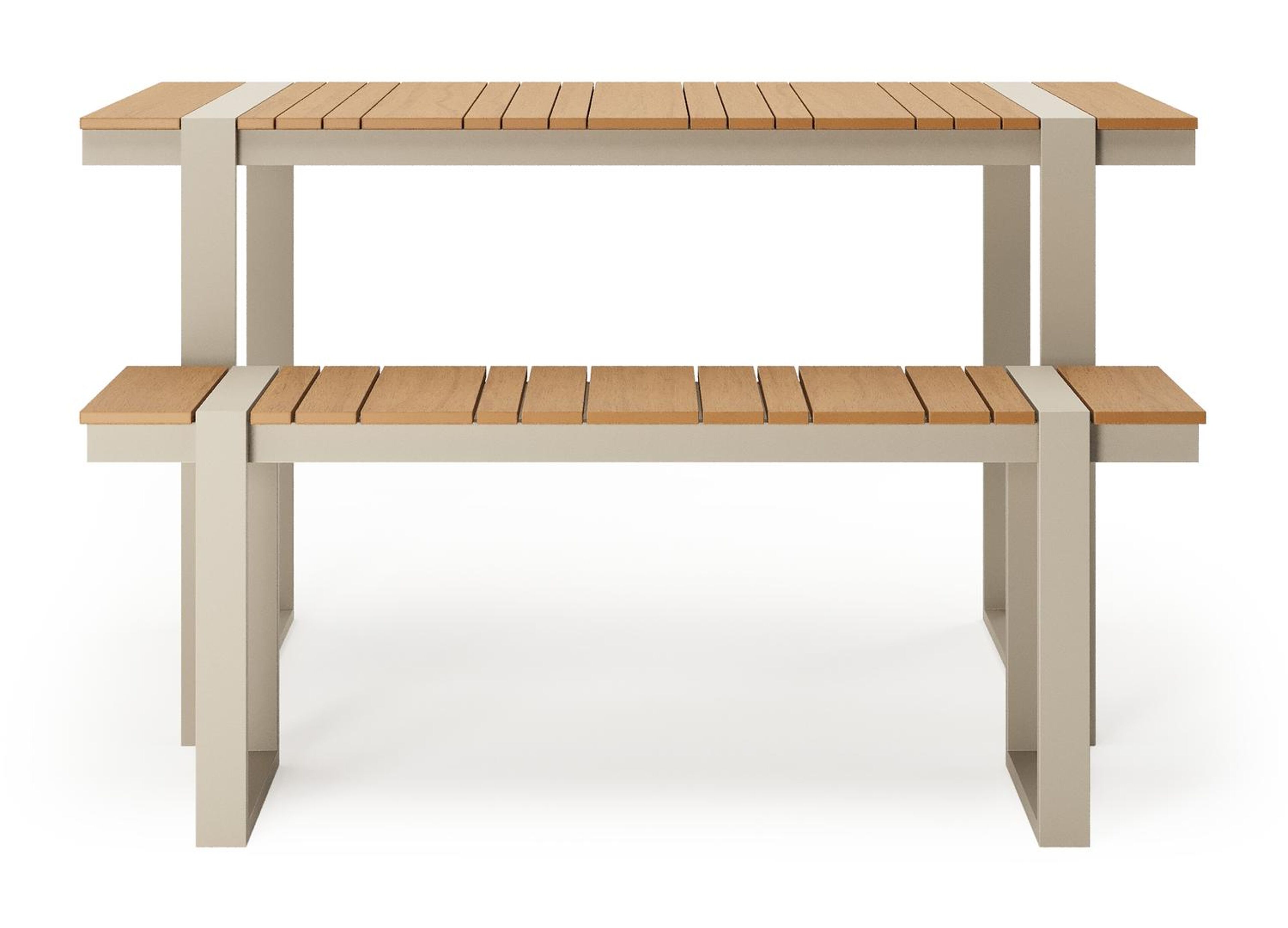 Table basse et banc Merida en beige aluminium et polywood - Lg. 123 x Lrg. 70 x Haut. 70 cm