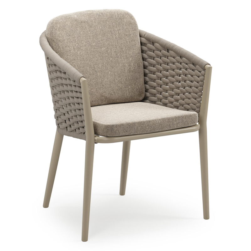 Orso stapelbare tuinstoel in beige aluminium en beige horizontaal geweven ronde rope met stoelkussen in All Weather Sunbrella® Luxe Chartres Pewter