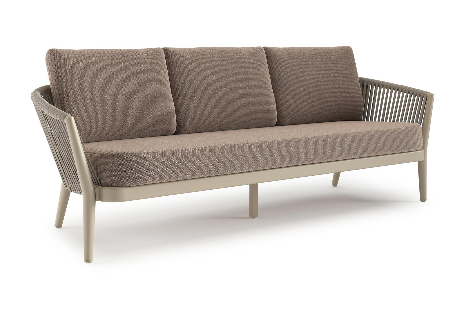 Orso loungebank in beige aluminium en beige verticaal geweven luxe vlakke rope met Savane Earth all weather sunbrella® luxe kussen