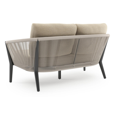 Canapé de jardin Orso en aluminium noir en corde ronde tissée verticalement beige et coussins en all weather cosytica Althea Camel