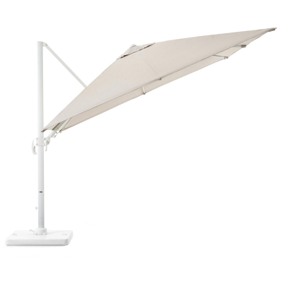 Avola zweefparasol met tiltfunctie in wit aluminium en Natte Graumel Chalk Sunbrella® Premium parasoldoek - L1 300 x L2 300 cm met Pedito parasolvoet 120 kg