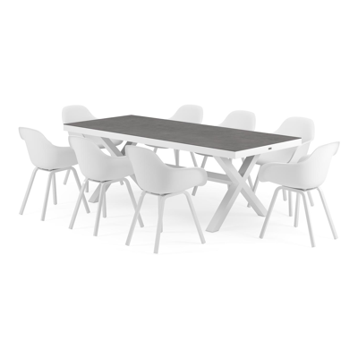Reza tuinset in wit aluminium en grijs volkeramiek tafelblad met 8 Puglia tuinstoelen