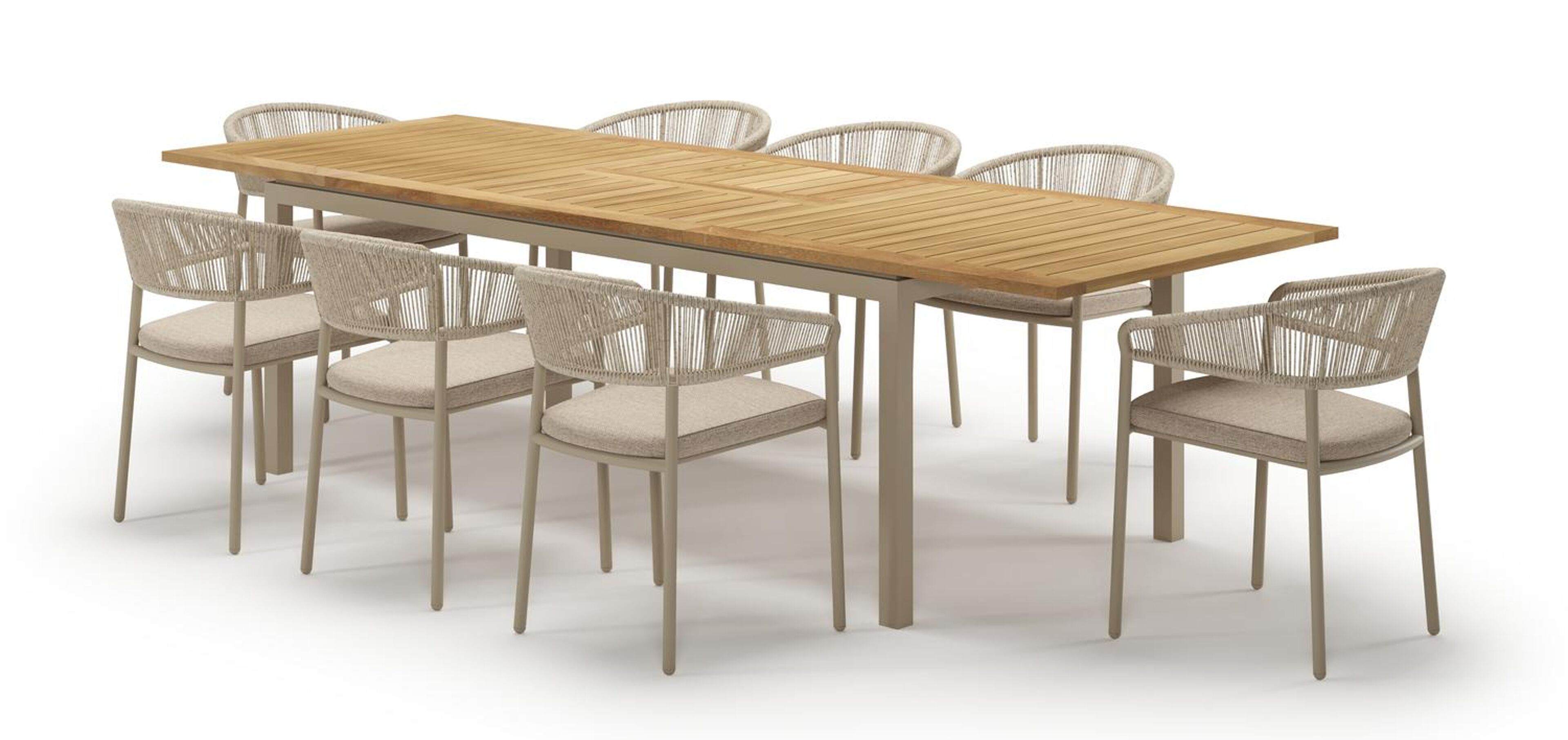 Amalfi verlengbare tuinset rechthoekig in beige aluminium en teak met 8 Zamora tuinstoelen