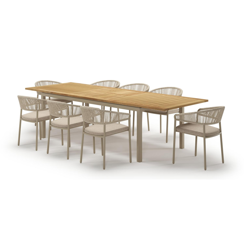 Amalfi verlengbare tuinset rechthoekig in beige aluminium en teak met 8 Zamora tuinstoelen