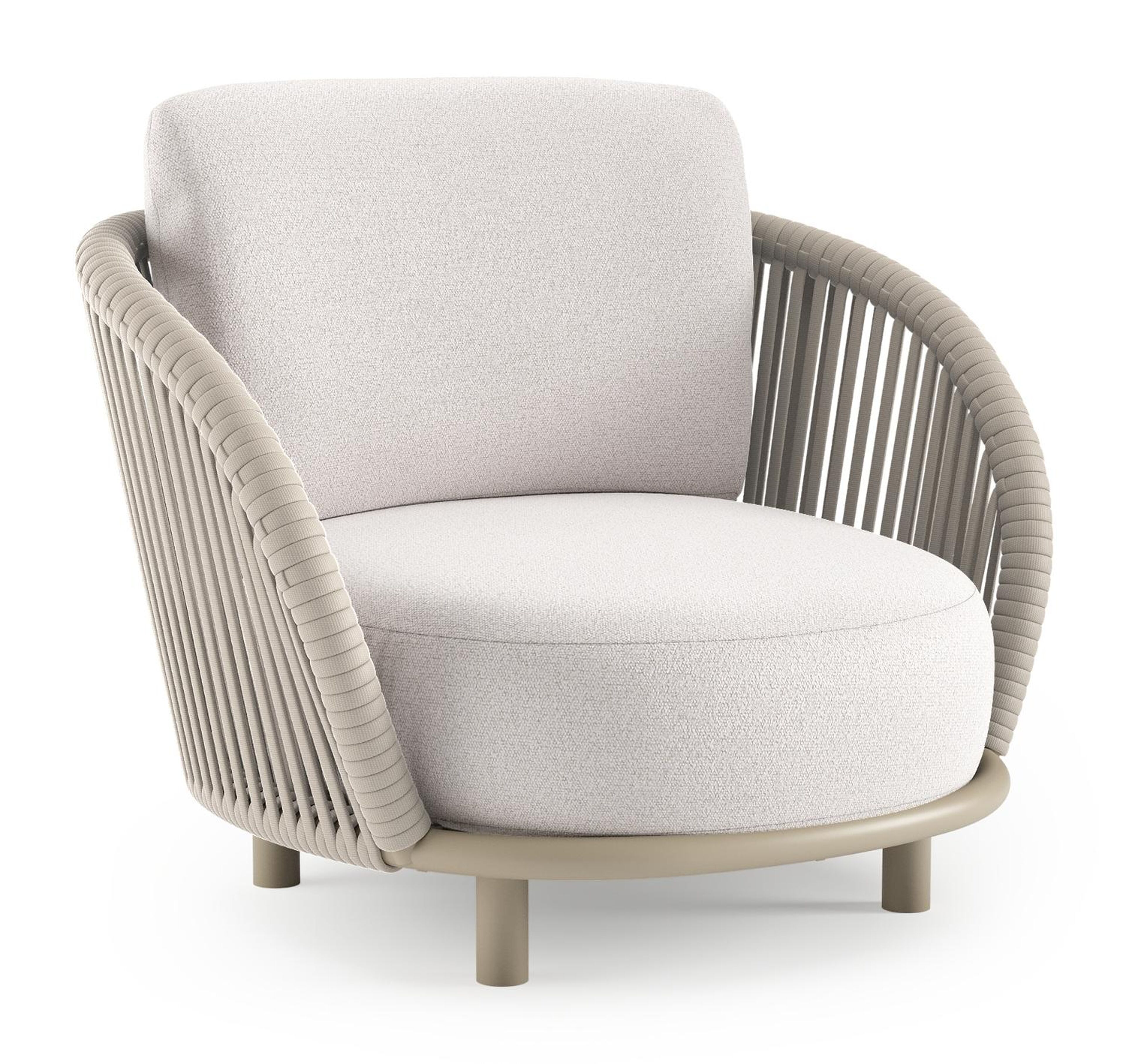 Lupino loungestoel in beige aluminium en beige verticaal geweven luxe vlakke brede rope met ego eggshell all weather solica kussen