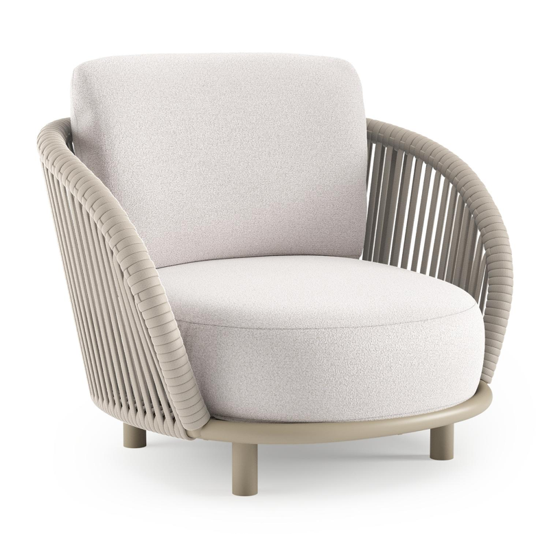 Lupino loungestoel in beige aluminium en beige verticaal geweven luxe vlakke brede rope met ego eggshell all weather solica kussen