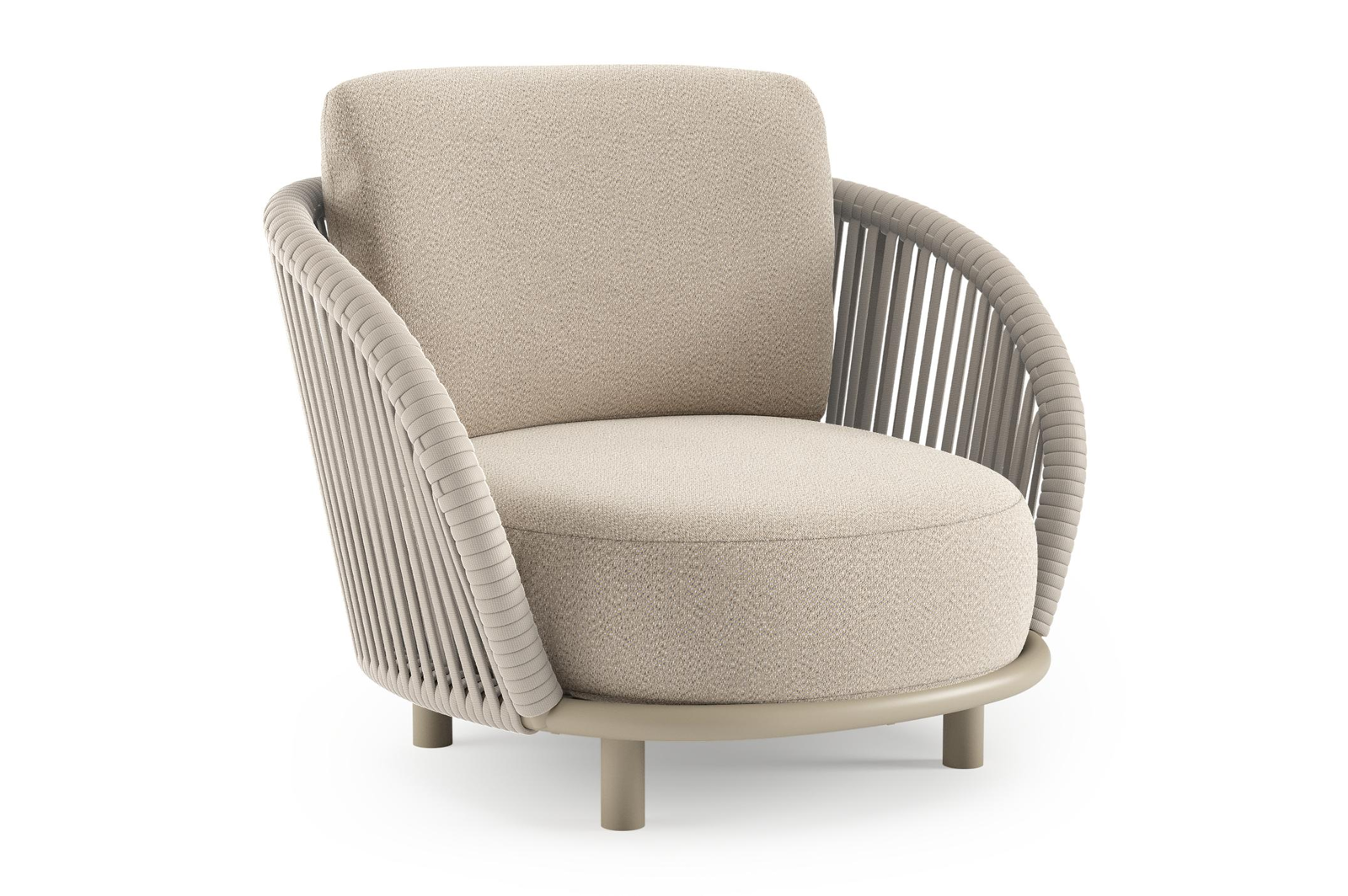 Lupino loungestoel in beige aluminium en beige verticaal geweven luxe vlakke brede rope met lopi sand all weather sunbrella® luxe kussen