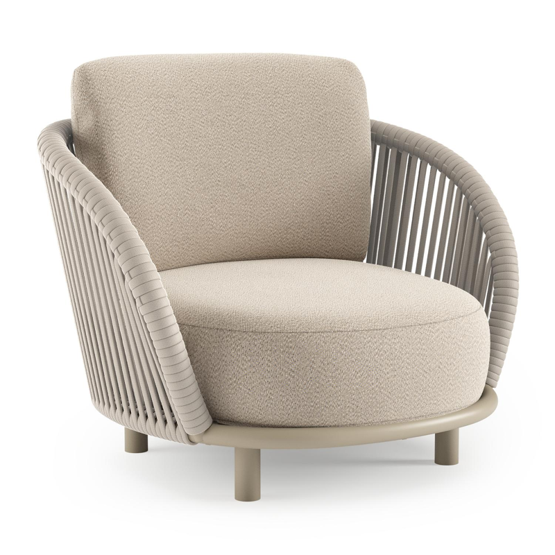 Lupino loungestoel in beige aluminium en beige verticaal geweven luxe vlakke brede rope met lopi sand all weather sunbrella® luxe kussen