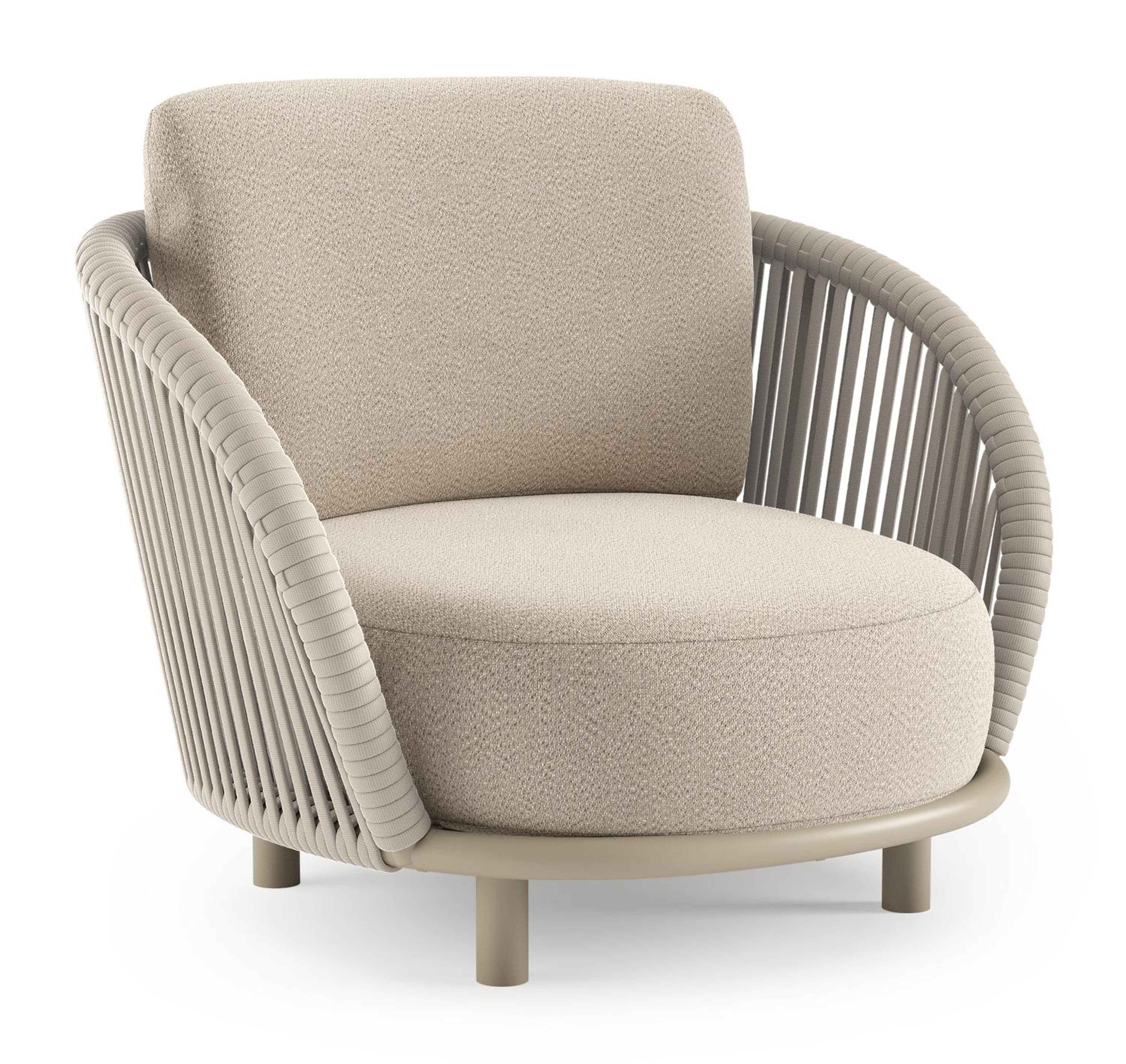 Lupino loungestoel in beige aluminium en beige verticaal geweven luxe vlakke brede rope met lopi sand all weather sunbrella® luxe kussen