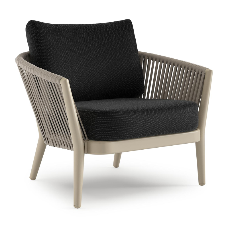 Fauteuil de jardin Orso en aluminium beige en corde luxe plate tissée verticalement beige et coussins en all weather sunbrella® luxe Lopi Baribal