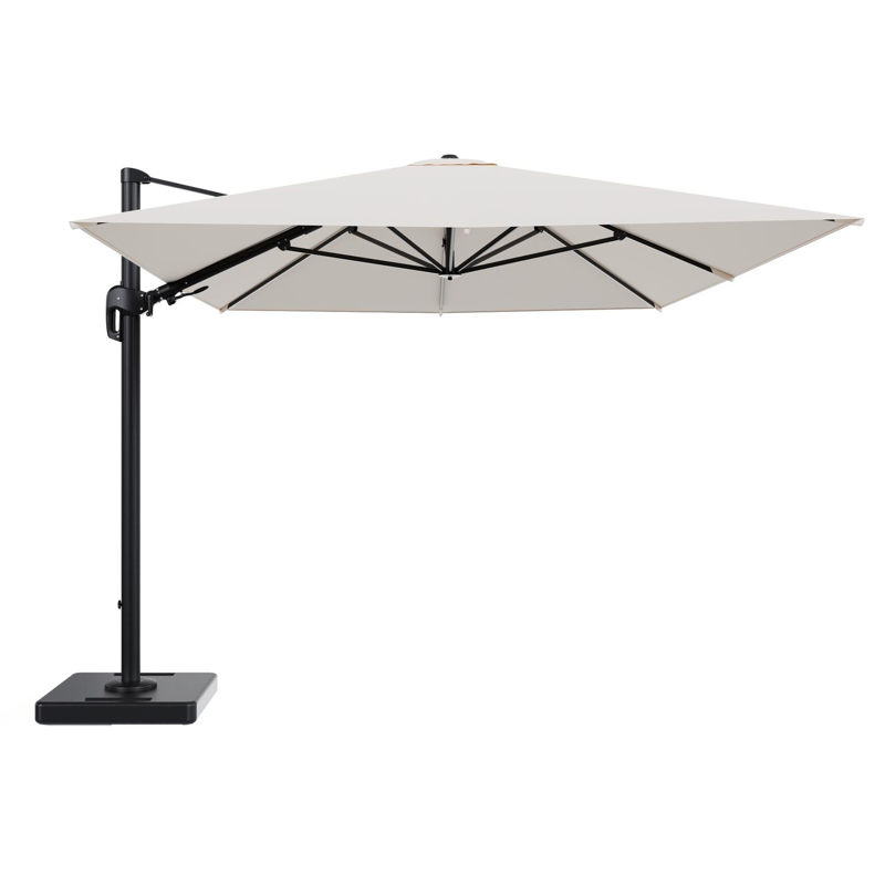 Rufina zweefparasol tiltfunctie in zwart aluminium en parasoldoek in All Weather Sunbrella® Luxe Natte Linen Chalk - L1 400 x L2 300 cm met parasolvoet Lapido 160 kg