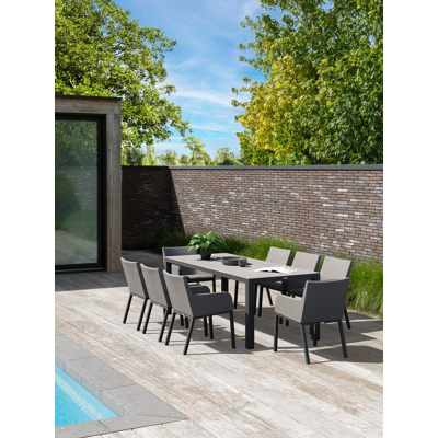 Ensemble de jardin Varese en aluminium noir avec plateau de table en céramique pleine gris et 8 chaises de jardin Rivo