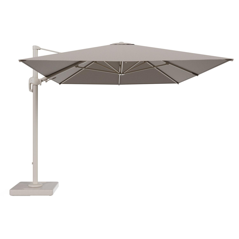 Rufina zweefparasol tiltfunctie in beige aluminium en parasoldoek in All Weather Solica Firenze Earth - L1 400 x L2 300 cm met parasolvoet Lapido 160 kg