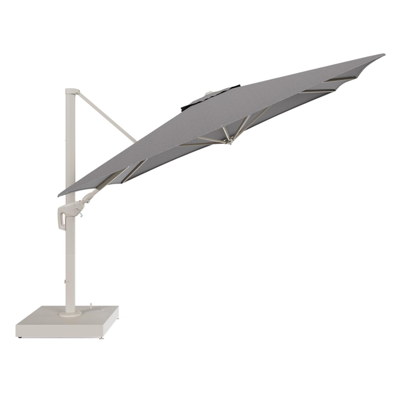 Minore zweefparasol met tiltfunctie in beige aluminium en Chartres Drizzle All Weather Sunbrella® Luxe parasoldoek - L1: 350 x L2: 350 cm met parasolvoet Minore 260 kg met wielen