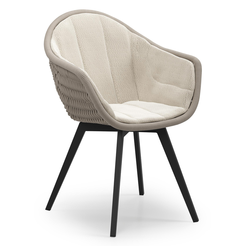 Pagino tuinstoel in zwart aluminium en beige verticaal geweven ronde rope met zitkussen in All Weather Sunbrella® Luxe Lopi Marble
