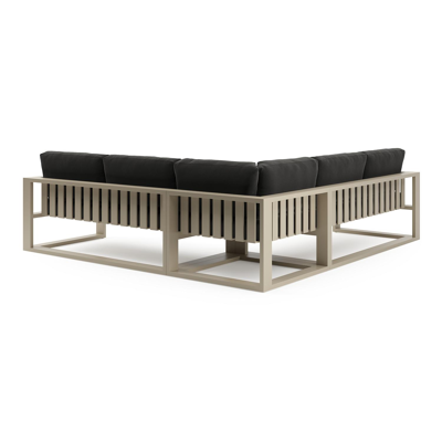 Salon de jardin d'angle Verato en aluminium beige et coussins en all weather sunbrella® luxe natte sooty