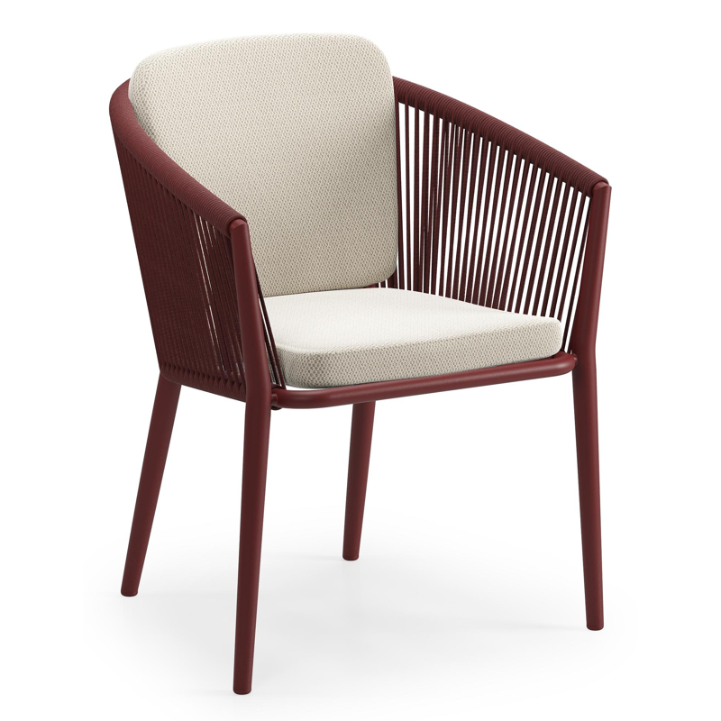 Orso tuinstoel in ruby aluminium en ruby verticaal geweven ronde rope met zitkussen in All Weather Sunbrella® Luxe Lopi Marble