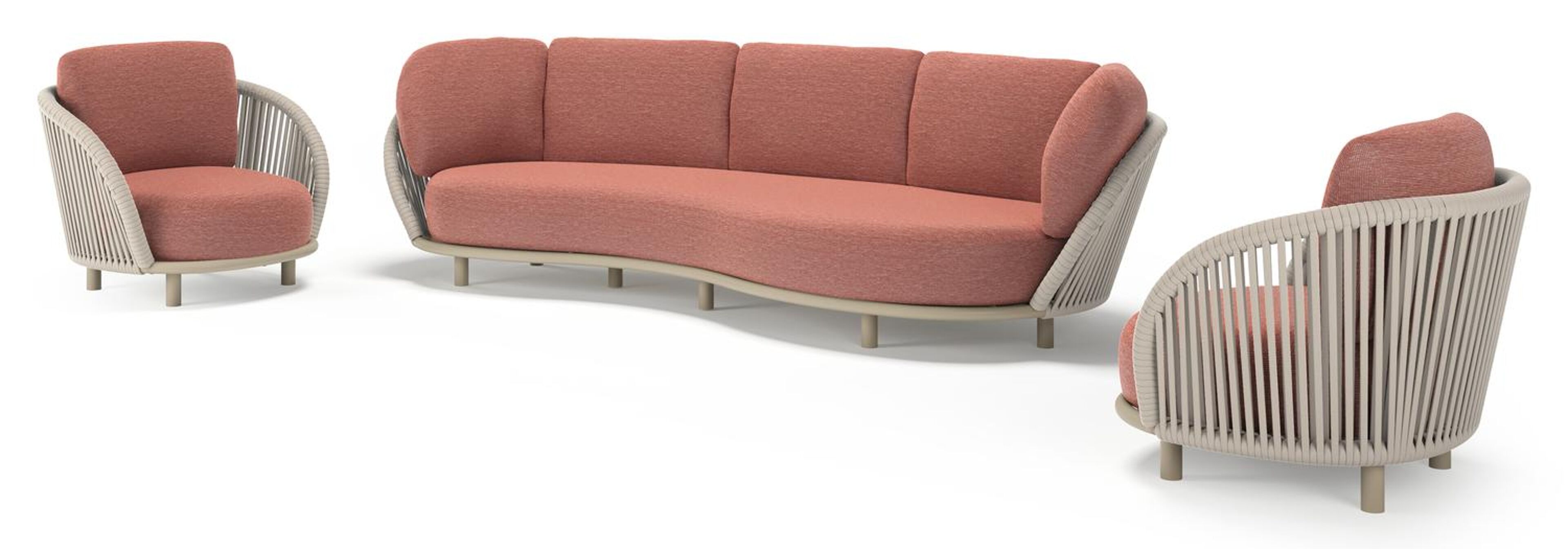 Lupino loungeset in beige aluminium en beige verticaal geweven luxe vlakke brede rope met slow alezan all weather sunbrella® luxe kussen