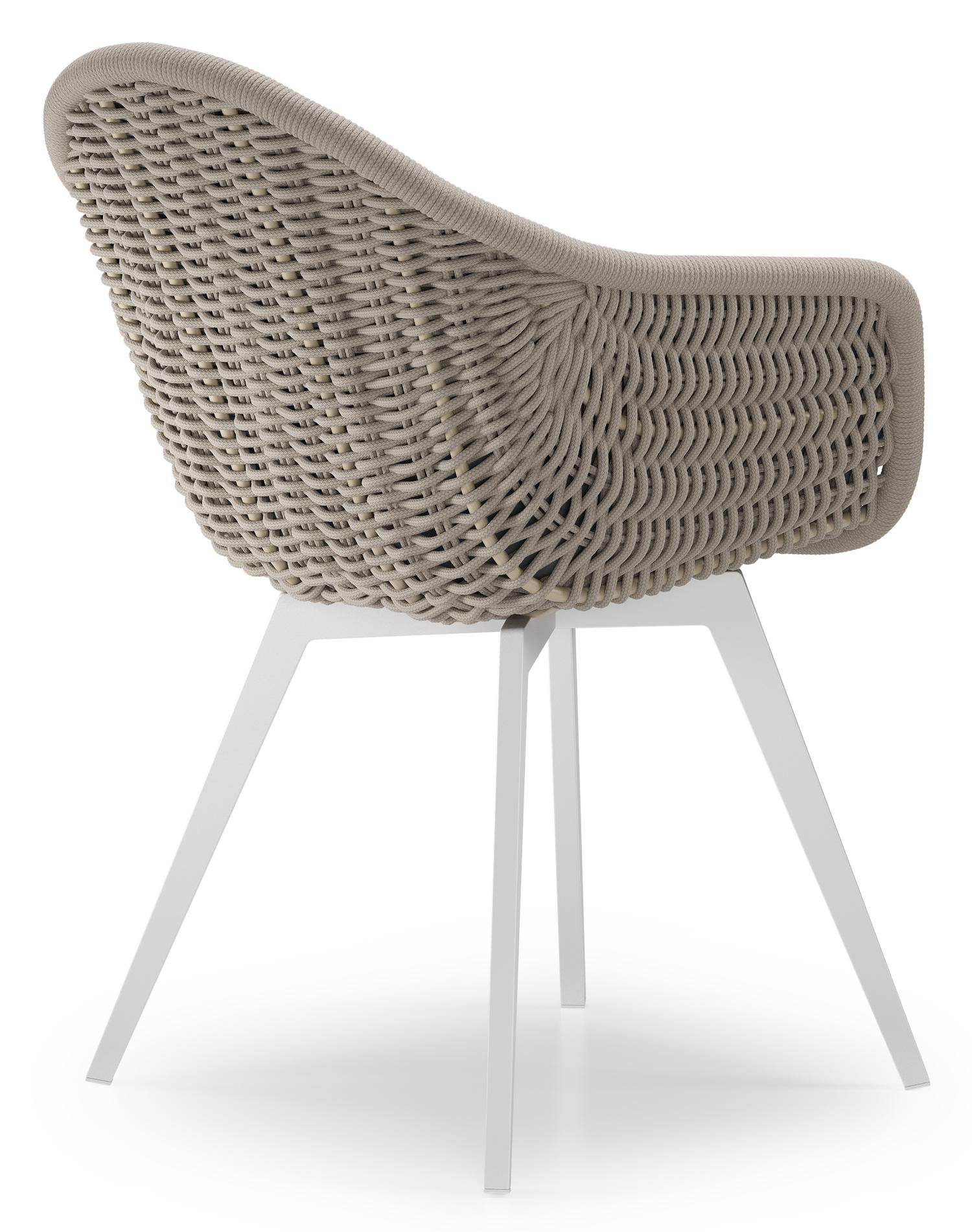 Chaise de jardin Pagino en aluminium blanc et résine tressée ronde beige avec coussin en natte charcoal chine all weather sunbrella® luxe