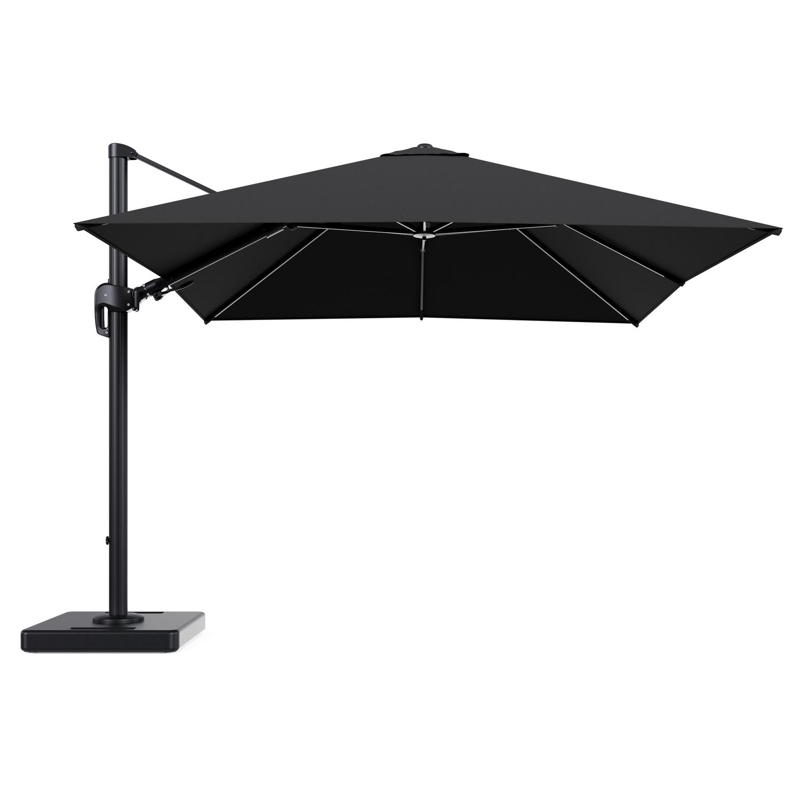 Rufina zweefparasol tiltfunctie in zwart aluminium en parasoldoek in All Weather Sunbrella® Luxe Natte Sooty - L1 300 x L2 300 cm met parasolvoet Lapido 160 kg