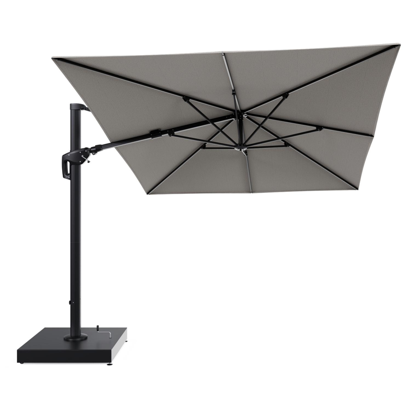 Minore zweefparasol met tiltfunctie in zwart aluminium en Firenze Sand All Weather Solica parasoldoek - L1 400 x L2 300 cm met parasolvoet Minore 260 kg met wielen