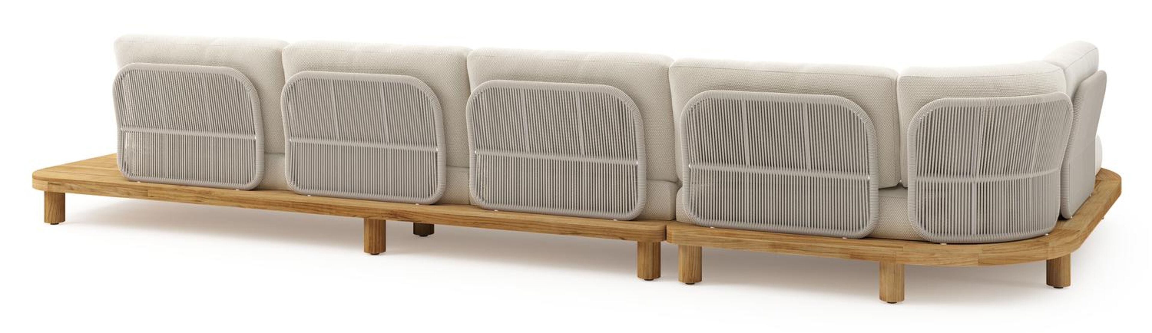 Salon de jardin d'angle Donato en teck et corde ronde tissée verticalement beige et coussins en all weather cosytica Althea Off White