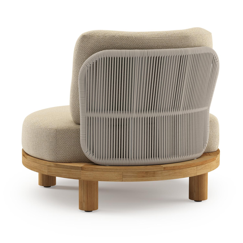Donato loungestoel in teak en beige verticaal geweven ronde rope met all weather cosytica Althea Camel kussen
