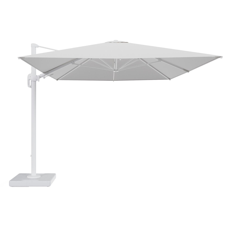Parasol pendant Rufina avec fonction tilt en aluminium blanc et toile de parasol en All Weather Solica Ego Birch - Lg.1 400 x Lg.2 300 cm avec pied de parasol Lapido 160 kg