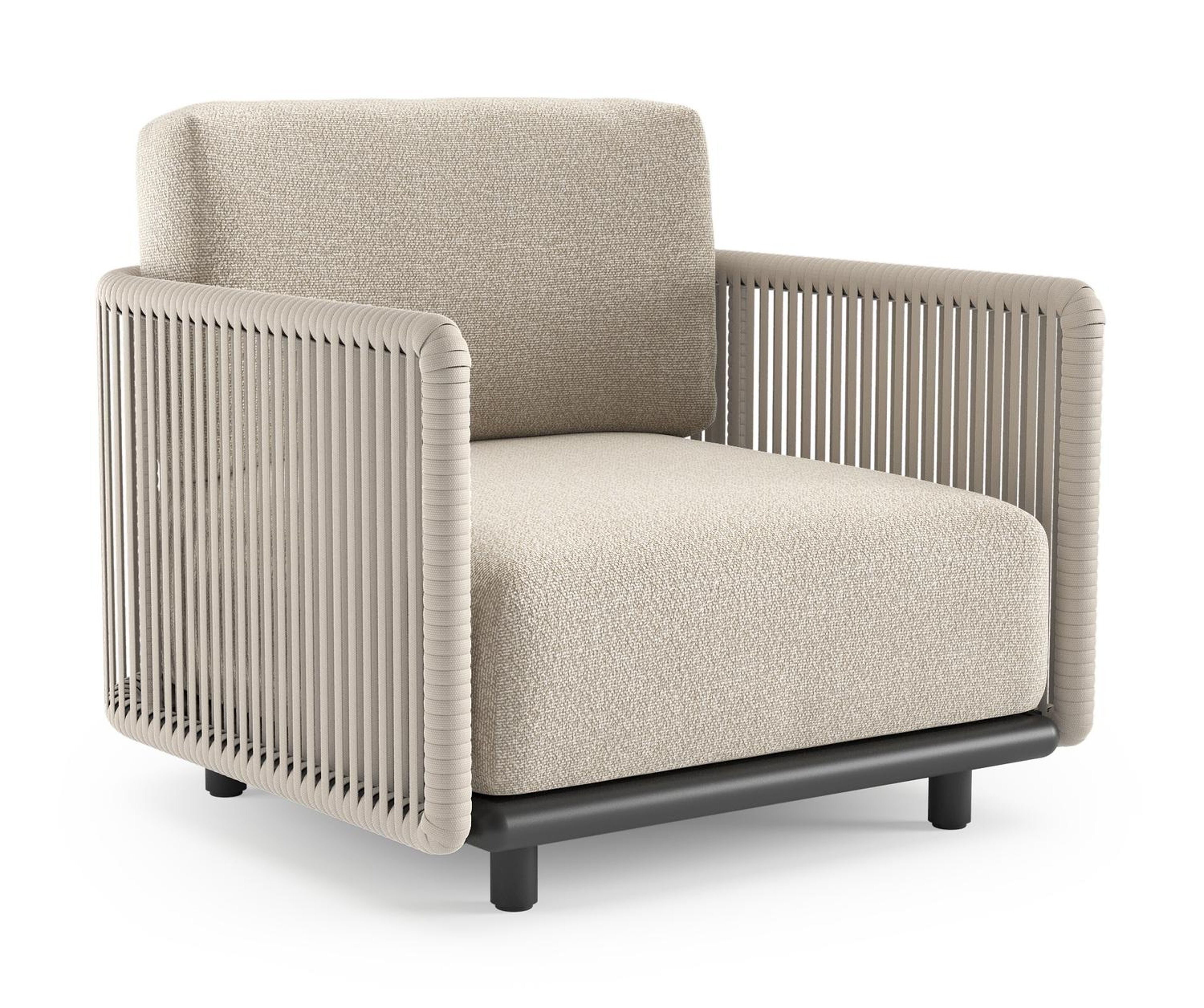 Organo loungestoel in zwart aluminium en beige verticaal geweven luxe vlakke rope met marbella ecru all weather Cosytica kussen