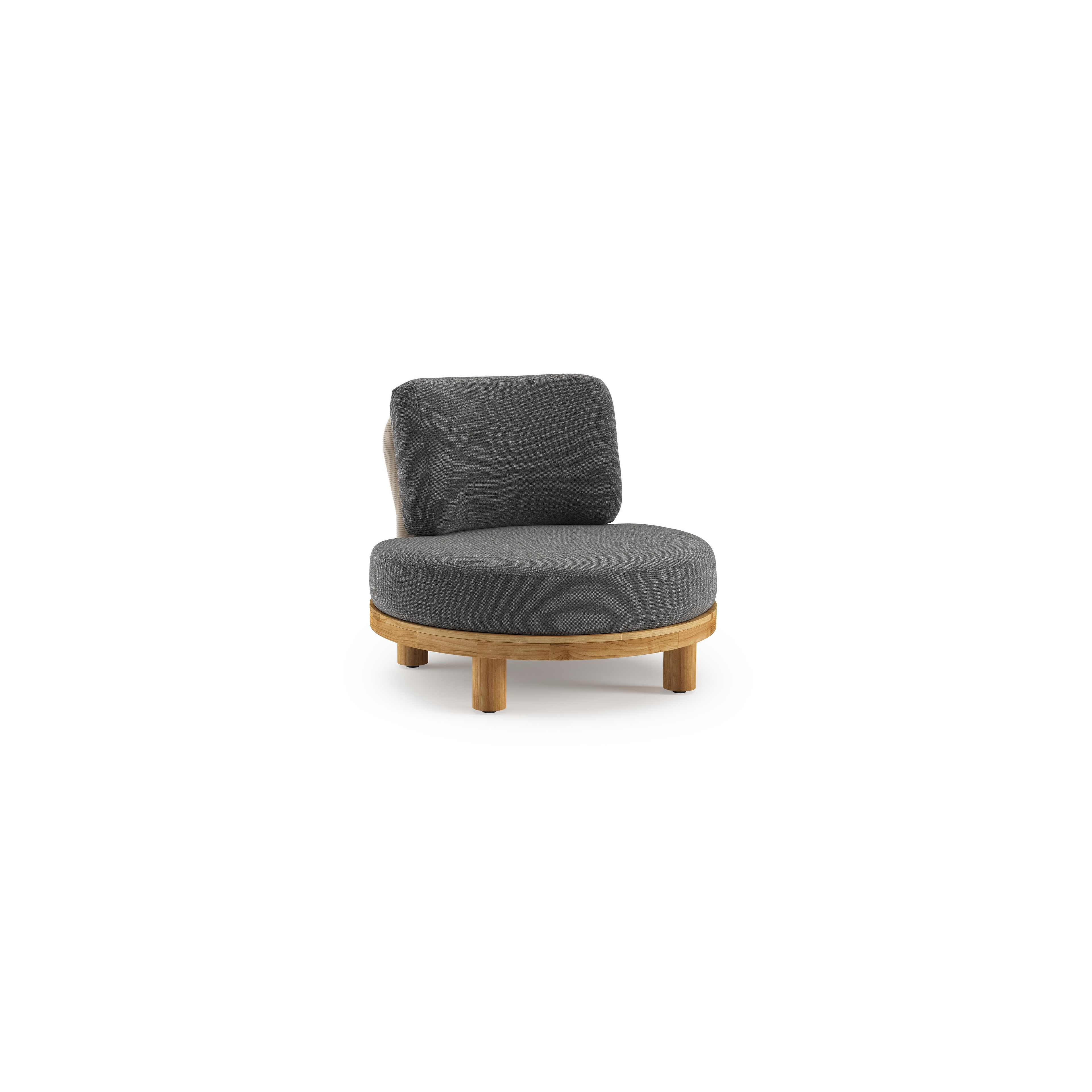 Donato loungestoel in teak en beige verticaal geweven ronde rope met all weather sunbrella® luxe Savane Tornado kussen