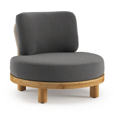 Donato loungestoel in teak en beige verticaal geweven ronde rope met all weather sunbrella® luxe Savane Tornado kussen