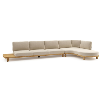 Donato loungehoek in teak en beige verticaal geweven ronde rope met all weather cosytica Althea Chalk kussen