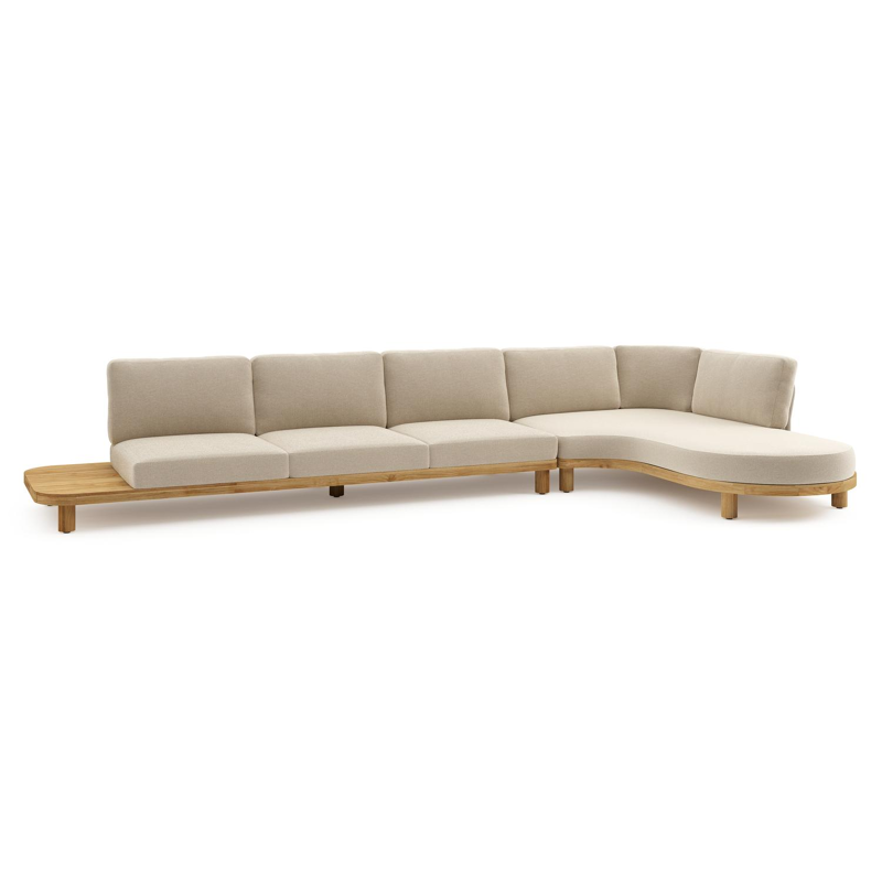 Donato loungehoek in teak en beige verticaal geweven ronde rope met all weather cosytica Althea Chalk kussen